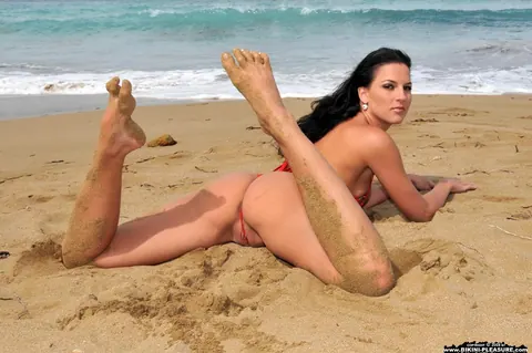 Walleria: European Brunette in a Bikini Strips and Spreads on the Beach – photo 5 of 16