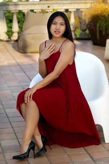 Petite Thai Brunette Strips Out of Her Dress and Spreads