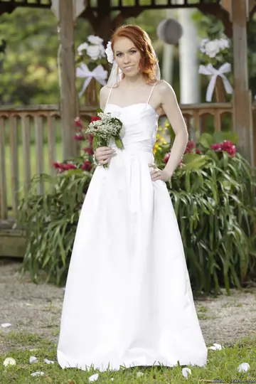 Pale Redhead Bride Strips Outdoors for Lesbian Kiss