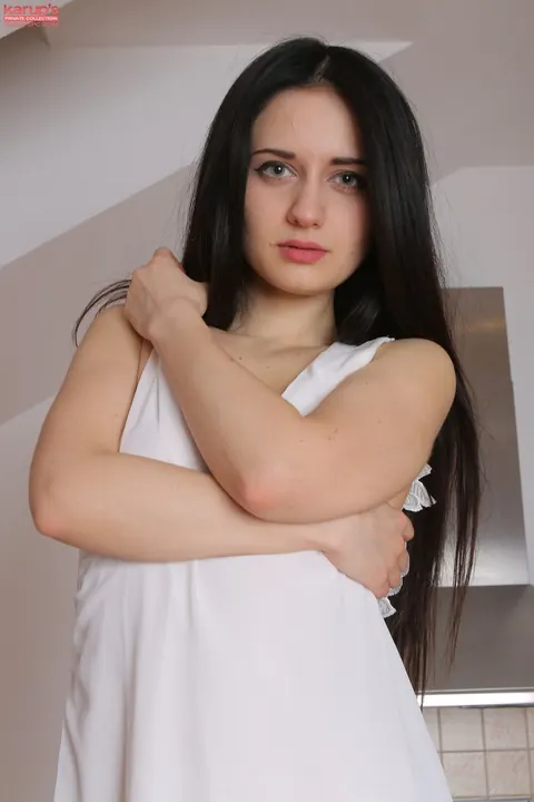 Eva Kahil: Slim Brunette Fingers Her Shaved Pussy After Pulling Panties Aside – photo 3 of 21