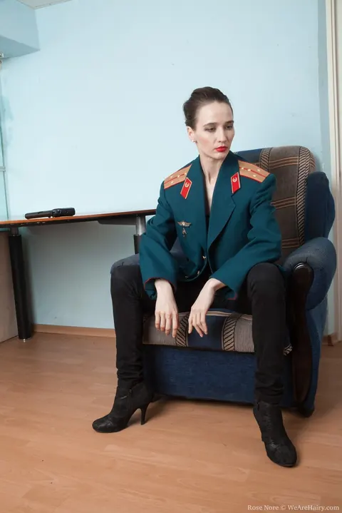 Rose Nore: Hairy Brunette MILF Strips Off Her Military Uniform in the Office – photo 2 of 16