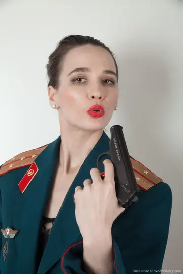 Rose Nore – Hairy Brunette MILF Strips Off Her Military Uniform in the Office
