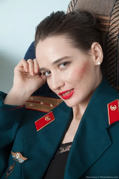 Rose Nore: Hairy Brunette MILF Strips Off Her Military Uniform in the Office – photo 3 of 16
