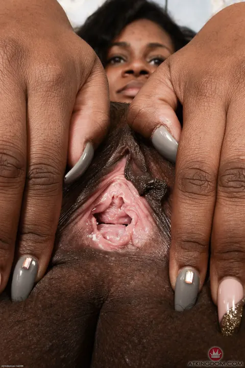 Skyy Dreams: Thick Ebony MILF Spreads Her Shaved Pussy and Shows Tattoo – photo 13 of 21