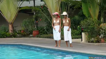 Mature Latina in a Bikini Flashes Her Shaved Pussy by the Pool