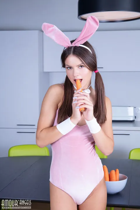Brunette Strips Naked in the Kitchen with Carrots and Bunny Ears – photo 3 of 20