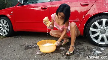 Anisyia XXX – Slim Brunette MILF in Heels and Panties Washes Car Outdoors