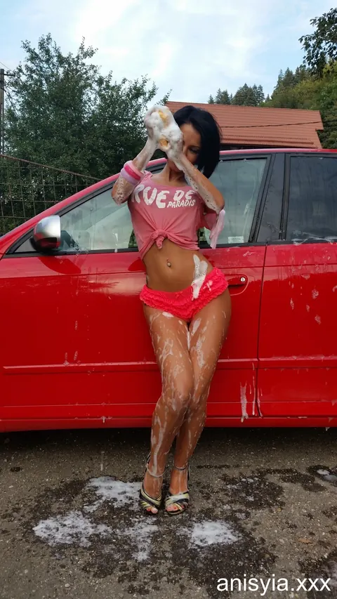Anisyia XXX: Slim Brunette MILF in Heels and Panties Washes Car Outdoors – photo 6 of 17
