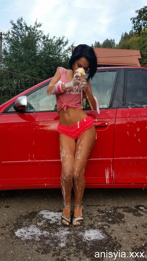 Anisyia XXX: Slim Brunette MILF in Heels and Panties Washes Car Outdoors – photo 4 of 17