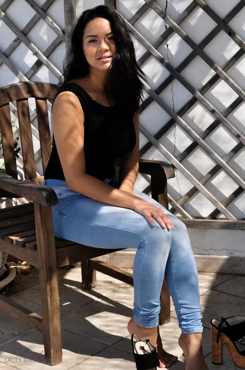 Lacey Banghard: Busty British Brunette Strips Out of Her Jeans on an Enclosed Patio – photo 5 of 12