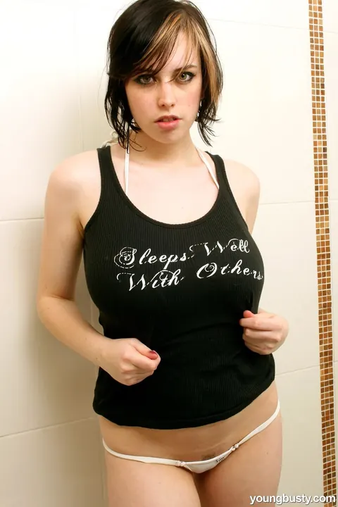 Brunette BBW in Panties Flaunts Her Big Tits in the Bathroom – photo 1 of 21