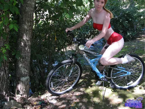 Nicki Blue: PAWG Redhead in a Bikini and Shorts Poses on a Bicycle Outdoors – photo 7 of 15