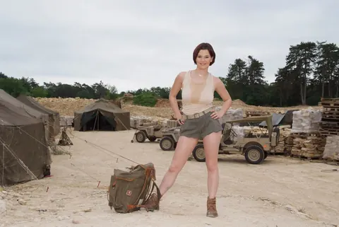European Army Recruit with Big Tits Strips Out of Her Shorts Outdoors – photo 1 of 16