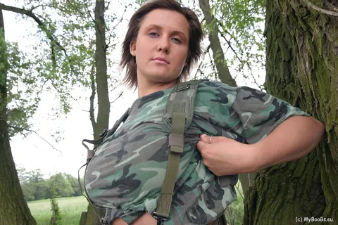 Lea Ticia: European Brunette with Big Tits Strips Out of Her Military Uniform Outdoors – photo 10 of 16