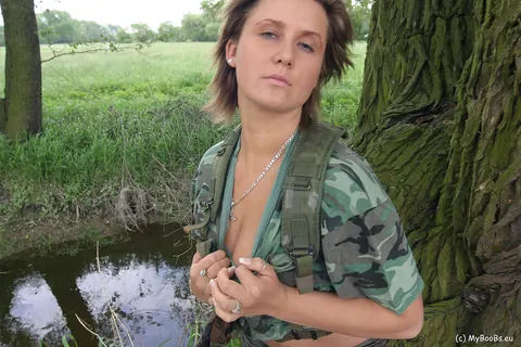 Lea Ticia: European Brunette with Big Tits Strips Out of Her Military Uniform Outdoors – photo 8 of 16