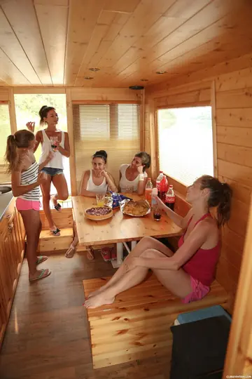 Nicole Love – Slim Tattooed Brunettes in Shorts Share a Dildo on a Boat