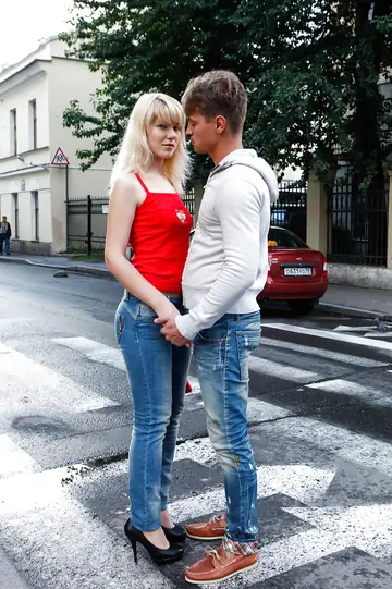 Slim Blonde in Jeans Gives a Blowjob and Rides a Partner Cowgirl