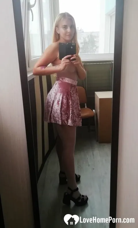 Blonde Takes Mirror Selfies in Turquoise Lingerie and Skirt – photo 2 of 12