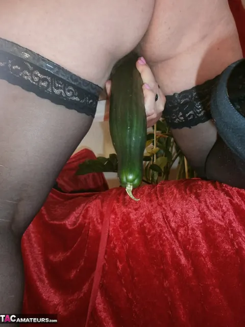 Busty British BBW in Stockings and Heels Masturbates with a Cucumber – photo 13 of 20