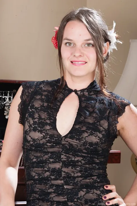 Jackie Paige: Brunette in Stockings and Skirt Shows Hairy Armpits and Bush – photo 3 of 12