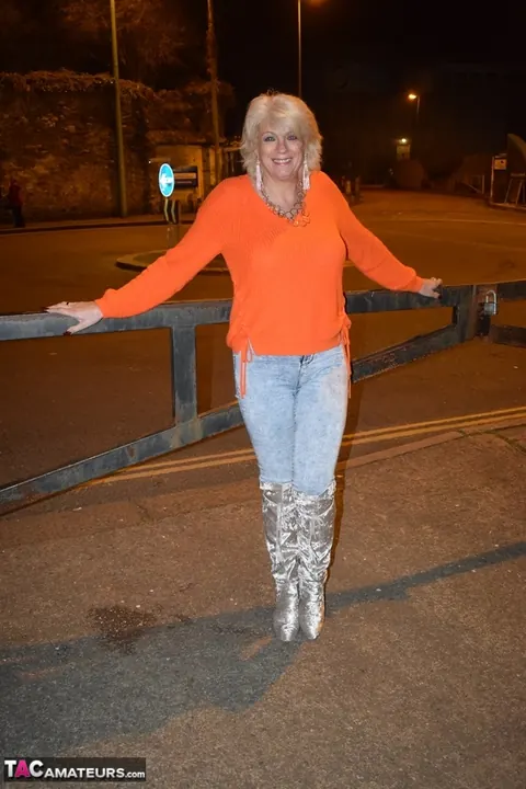 Mature Blonde MILF in Boots Spreads on a Chair Outdoors – photo 5 of 16