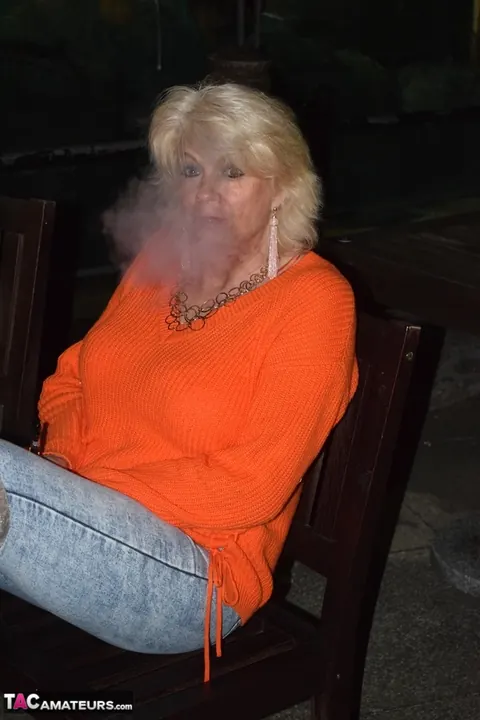 Mature Blonde MILF in Boots Spreads on a Chair Outdoors – photo 2 of 16