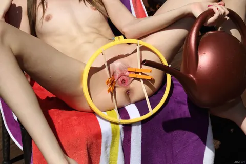 Aria Haze: Petite Brunette Toys Her Shaved Pussy Outdoors in a Bikini – photo 20 of 21