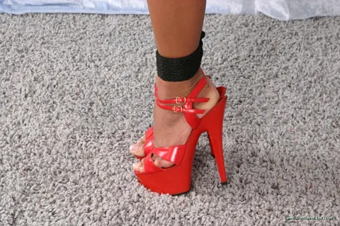 Busty Brunette Bound in Heels with Wrists Overhead and Bit Gag – photo 6 of 16