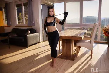 Thick Brunette in Leather Yoga Pants Plays with a Dildo