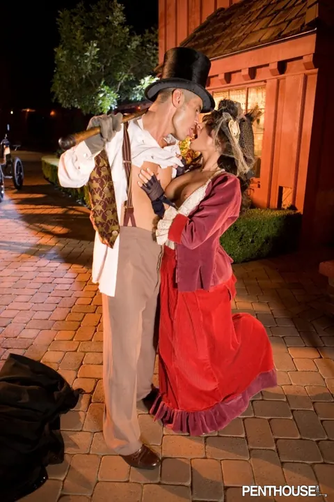 Vanessa Lane: Busty Brunette in a Skirt Rides Her Partner Outdoors – photo 5 of 21