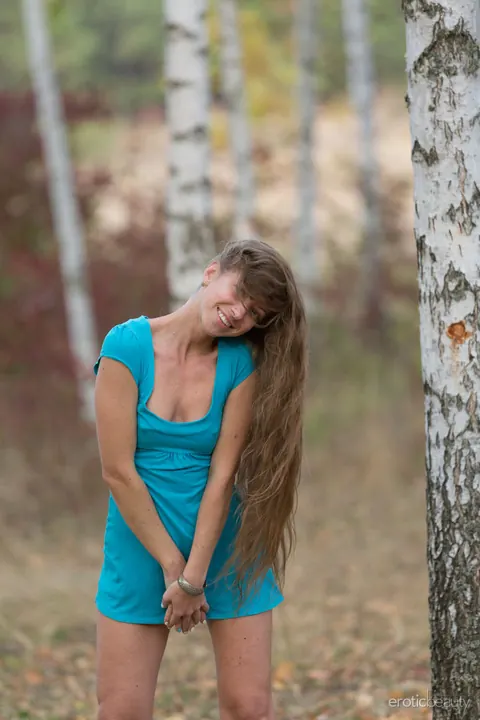 Mika A: Slim Brunette Strips Out of Her Dress Among the Trees – photo 2 of 16
