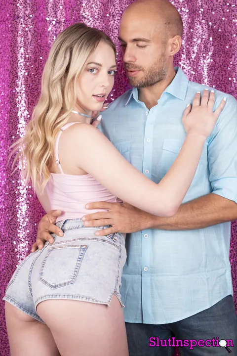 Lily Larimar: Petite Blonde Pulls Shorts Down to Spread Her Shaved Pussy – photo 1 of 12