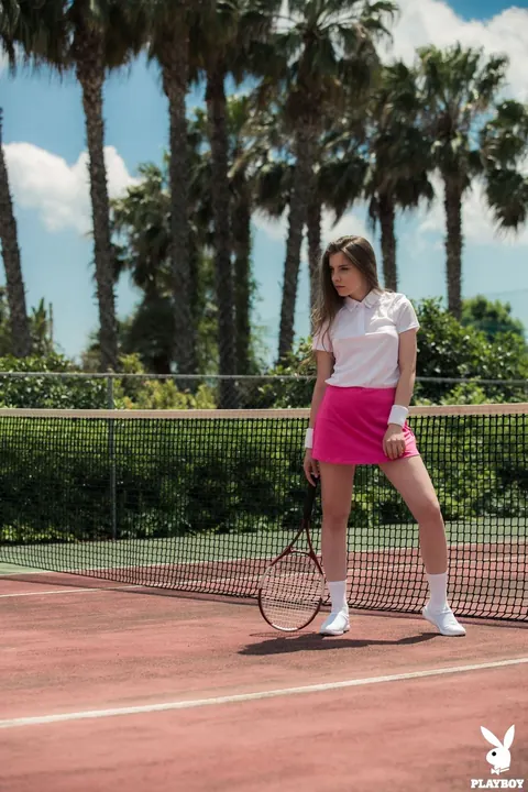 Kate Chromia: Brunette with Small Natural Tits Strips and Spreads on a Tennis Court – photo 17 of 17