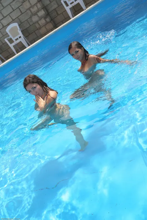 Jay Dee: Brunette and Redhead Lesbians Kiss by the Pool Outdoors – photo 2 of 21