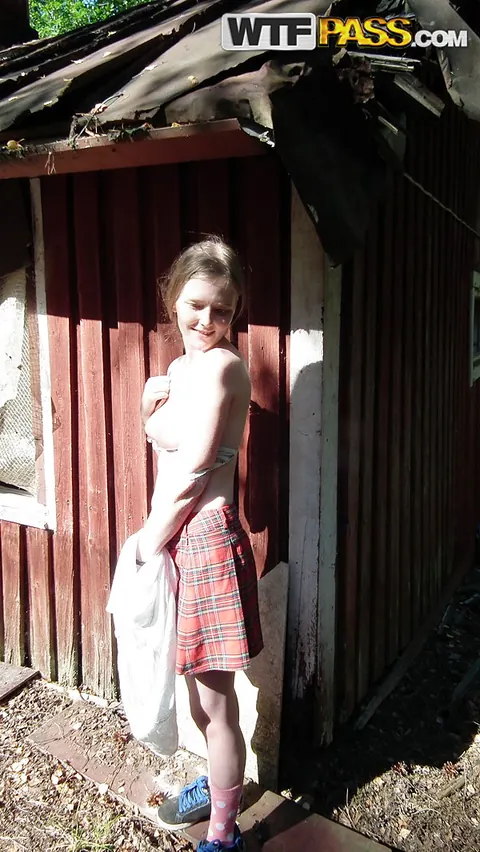 Evelina Juliet: Blonde with Big Natural Tits Shows Her Hairy Pussy in Socks at a Cabin – photo 2 of 16
