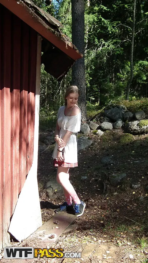 Evelina Juliet: Blonde with Big Natural Tits Shows Her Hairy Pussy in Socks at a Cabin – photo 1 of 16