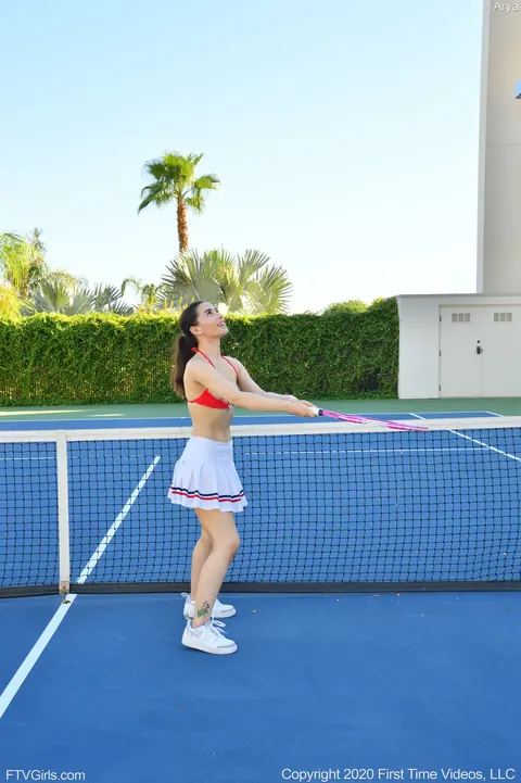 Aria Lee: Slim Asian Brunette Strips Off Her Tennis Uniform, Fingers Her Pussy Outdoors – photo 9 of 20