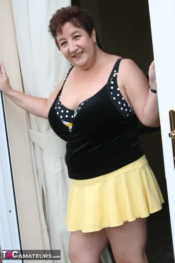 Curvy British Brunette Flashes Bikini and Panties on Patio