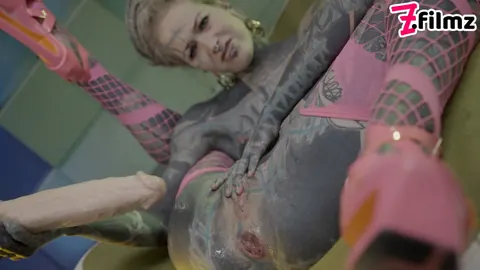 Anuskatzz: Heavily Tattooed Blonde MILF Plays with a Dildo in Bondage Stockings – photo 14 of 20