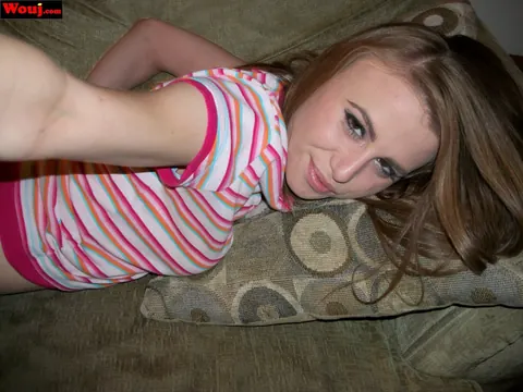Soleil Saunders: Skinny Amateur Brunette Poses in a Striped Shirt on the Sofa – photo 12 of 15