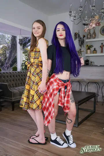 Valerica Steele – Tattooed Blonde and Brunette Share a Threesome on the Sofa with Facial