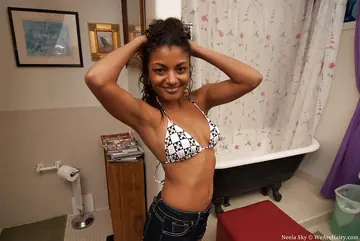 Slim Latina Brunette Strips Out of Her Bikini to Spread Her Hairy Pussy