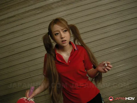 Ria Sakurai: Petite Japanese Redhead in Pigtails Sucks and Strokes at the Table – photo 5 of 20