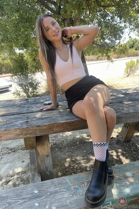 Macy Meadows: Petite Blonde Spreads Her Trimmed Pussy Outdoors – photo 4 of 21