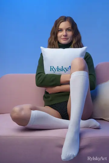 Lana Broks – European Brunette Strips to Knee Socks and Panties on the Sofa