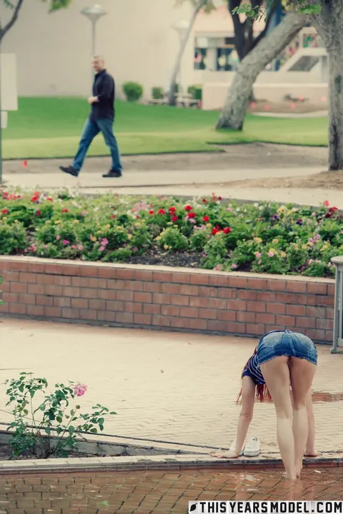 Mindy Corin: Busty Redhead Pulls Aside Her Panties in a Public Park – photo 14 of 15