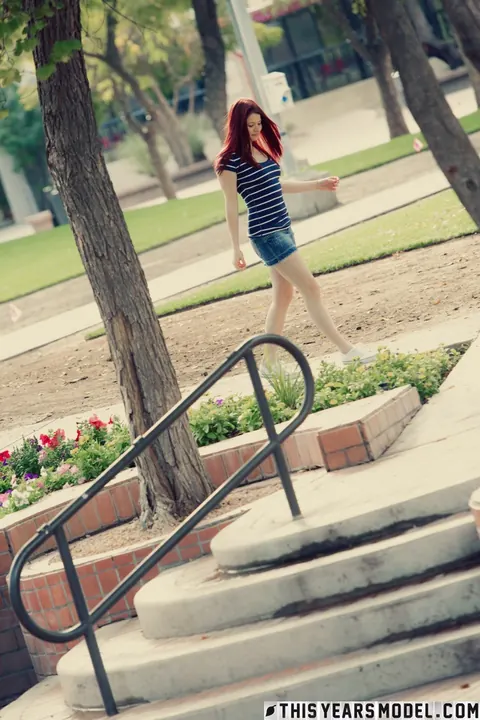 Mindy Corin: Busty Redhead Pulls Aside Her Panties in a Public Park – photo 3 of 15