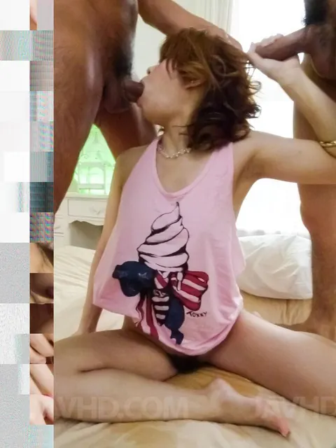 Japanese Redhead in Panties and Shorts Takes Two Cocks in a Threesome – photo 10 of 15
