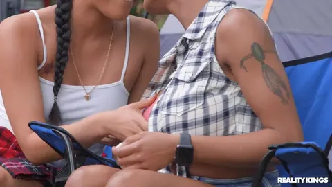 Maya Farrell & Sarai Minx: Busty Latina and Ebony Lesbians Kiss Outdoors – photo 4 of 21