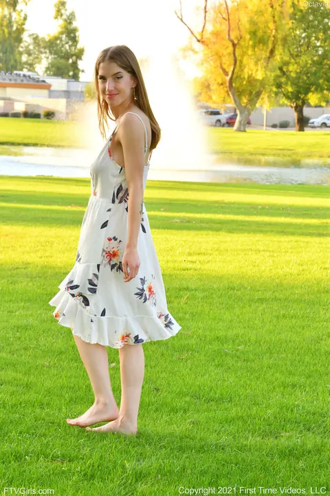 Octavia Red: Slim Blonde Amateur Flashes Her Big Tits Outdoors in a Skirt – photo 8 of 20